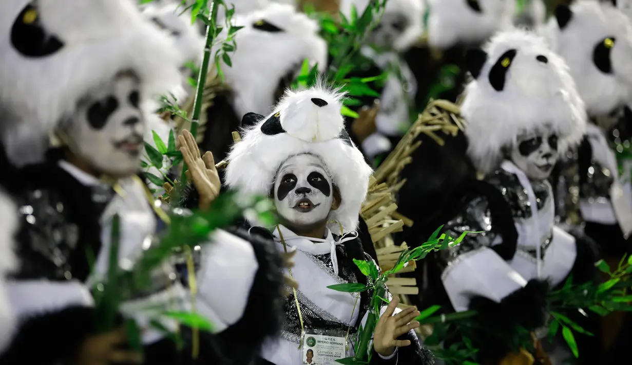 Penampilan sekolah samba Imperio Serrano dengan kostum panda saat perayaan karnaval di Sambadrome, Rio de Janeiro, Brasil, Minggu (11/2). Masing-masing sekolah samba mendapat waktu satu jam untuk tampil di hadapan penonton. (AP Photo/Silvia Izquierdo)