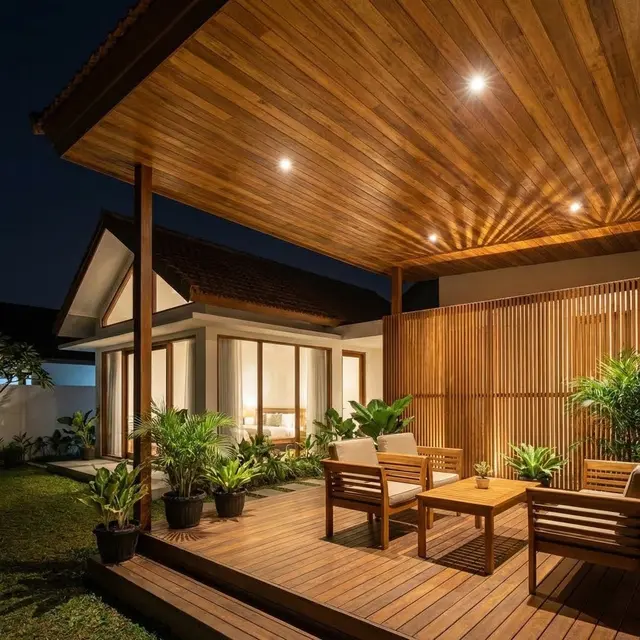 Plafon Kayu dengan Lampu Downlight (Gemini AI)