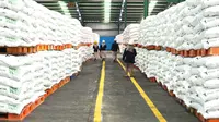 Pekerja melintas di gudang penyimpanan pupuk milik PT Pupuk Sriwidjaja Palembang, Sumatera Selatan (17/4/2023). PT Pupuk Sriwidjaja (Pusri) Palembang, Sumatera Selatan, mendistribusikan 374 ribu ton lebih pupuk bersubsidi untuk memenuhi kebutuhan petani pada musim panen April 2023. (Liputan6.com/HO)