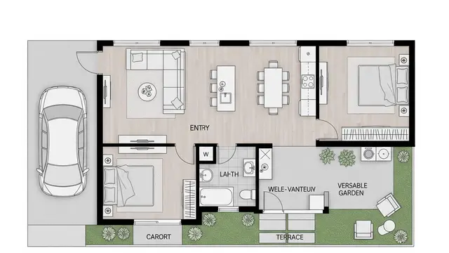 Contoh Rumah Kecil 7x12 dengan Garasi dan Taman Belakang