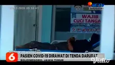 Bekerja sama dengan BPBD dan Dinas Sosial Nganjuk, RSUD Nganjuk mendirikan tenda darurat di halaman depan ruang IGD sejak Jumat lalu (25/12). Sebanyak delapan ranjang semuanya terisi pasien terkonfirmasi Covid-19.