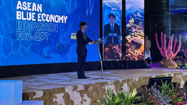 Duta Besar Jepang untuk ASEAN Kiya Masahiko dalam peluncuran "ASEAN Blue Economy Innovation Project" di Kantor Sekretariat ASEAN, Jakarta, Selasa (14/5/2024). (Liputan6/Benedikta Miranti)