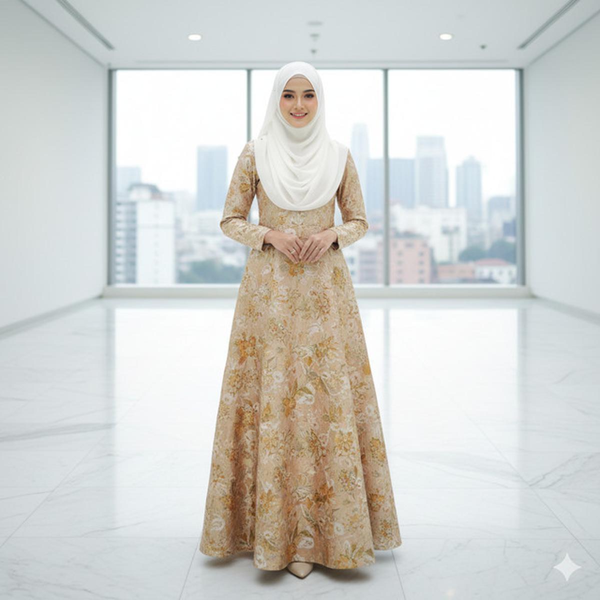 Gamis Batik Brokat Warna Champagne Cocok dengan Kerudung Apa? Ini 7 Rekomendasinya yang Elegan
