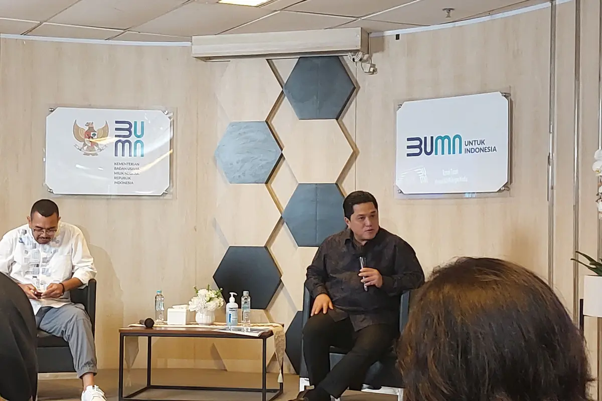 Menteri BUMN Erick Thohir dalam Acara Ramah Tamah di Kementerian BUMN, Rabu (3/5/2023). Erick Thohir buka suara mengenai rencana pemerintah yang akan menambah porsi saham di PT Freeport Indonesia (PTFI).