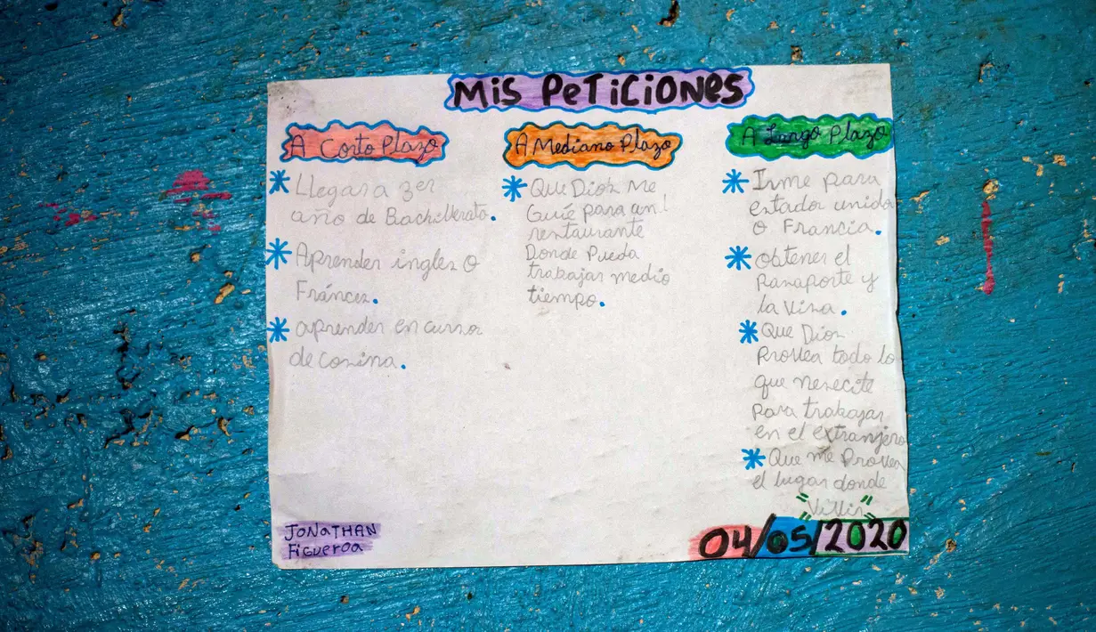 Daftar yang ditulis Jonathan Figueroa, 14, berisi harapan jangka panjang dan pendeknya ditempel di dinding rumahnya di Bello Campo, Caracas, pada 6 Oktober 2020. Di tengah pandemi, kelas dimulai lagi di Venezuela dengan siswa yang harus mencari sinyal internet di jalan. (Cristian Hernandez/AFP)