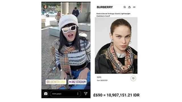 Lucinta Luna tampil dengan syal merek Burberry. Syal tersebut ditaksir dengan harga Rp 10,9 juta.