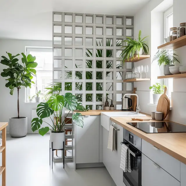 Model Dapur Kecil dengan Tanaman Hijau di Belakang dan Sekat Minimalis