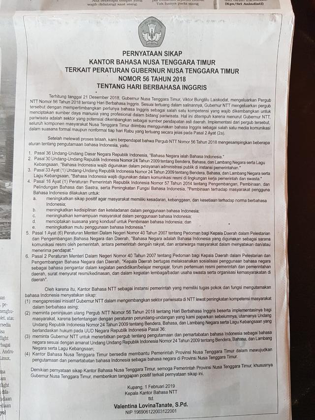Kantor Bahasa NTT Sebut Pergub English Day Cacat Hukum 
