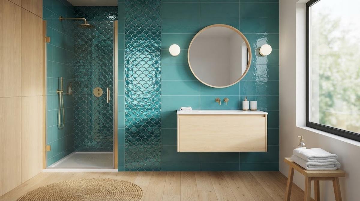 Warna Kamar Mandi Teal (Hijau Kebiruan) dan Kayu Terang