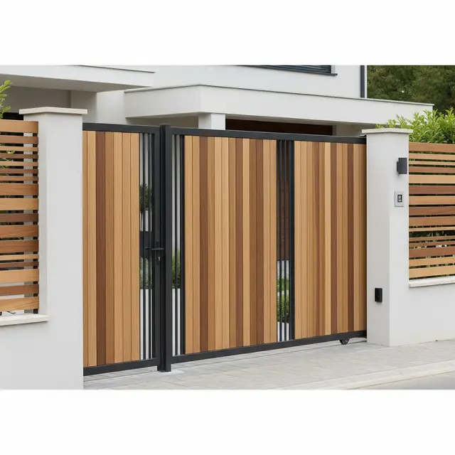 Model Pagar Rumah Modern Tanpa Motif Ramai dengan Sentuhan Kayu Natural (Image by Gemini AI)