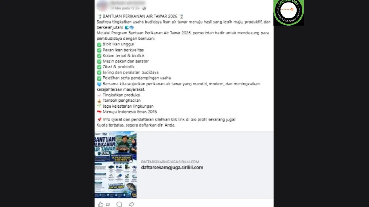 Cek Fakta Liputan6.com mendapati klaim link pendaftaran untuk mendapatkan bantuan ikan air tawar 2026.