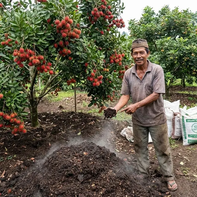 Memberi pupuk organik pada pohon rambutan agar berbuah lebat (Gemini AI)