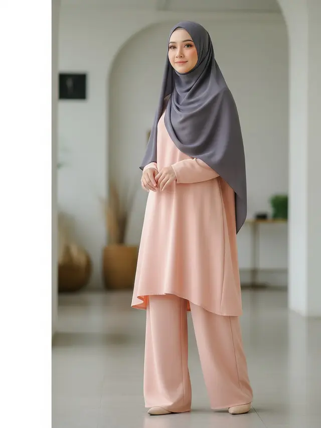 Baju Peach dengan Jilbab Abu-abu Tua