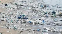 Bibir Pantai Legian, Bali, dipenuhi sampah plastik pada 2 Januari 2021. (dok. Instagram @dinopattidjalal/https://www.instagram.com/p/CJhwaEMgy3c/?igshid=cz2whi1nw3ww)