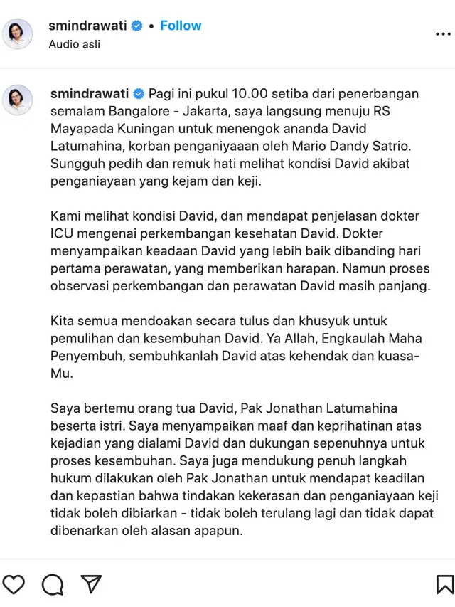 Unggahan Sri Mulyani soal kasus David Latumahina. (Foto: Dok. Instagram @smindrawati)