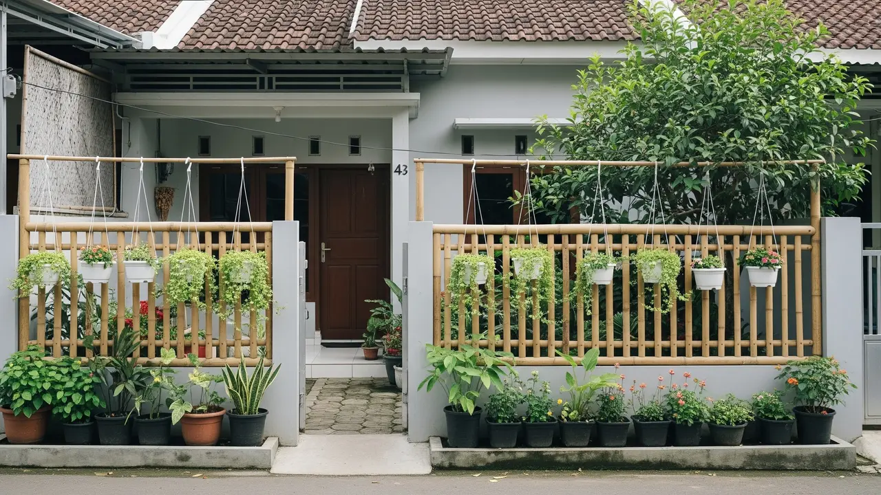 Pagar Bambu dengan Pot Tanaman Gantung untuk Rumah Subsidi