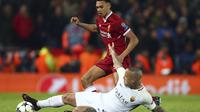 Bek kanan Liverpool, Trent Alexander-Arnold tetap mewaspadai AS Roma pada leg kedua semifinal Liga Champions.  (AP Photo/Dave Thompson)