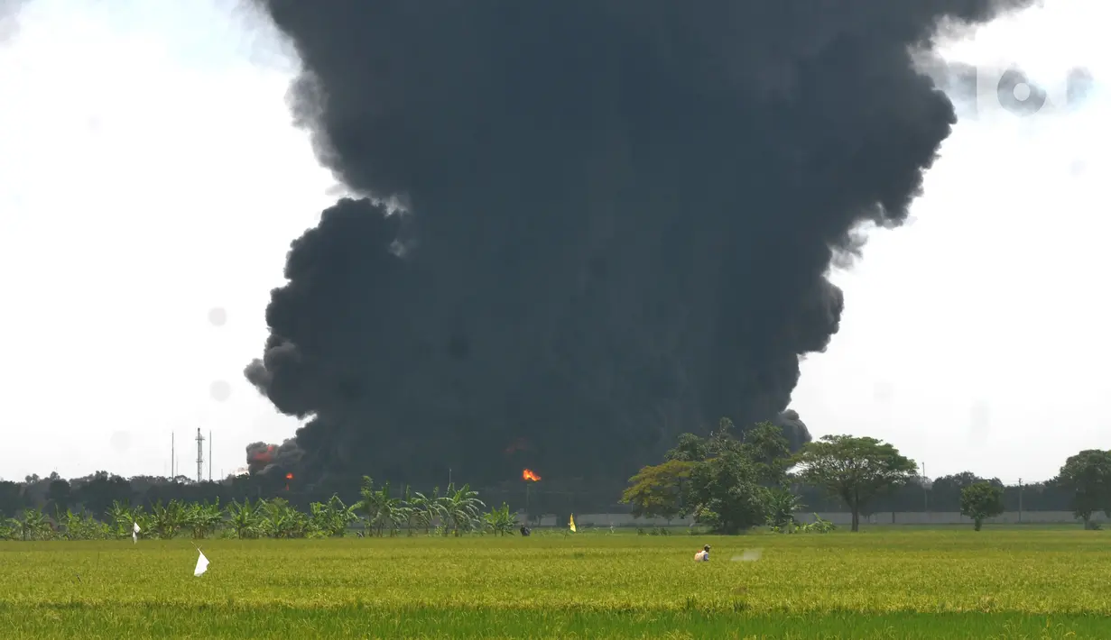 Asap hitam membumbung yang berasal dari kebakaran Kilang Balongan di Indramayu, Jawa Barat, Senin (29/03/2021). Kilang Balongan milik PT Pertamina di Indramayu terbakar pada 29 Maret 2021 mulai sekitar pukul 00.45 dini hari. (merdeka.com/Arie Basuki)