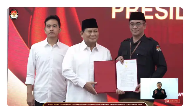 Komisi Pemilihan Umum Republik Indonesia (KPU RI) menyerahkan keputusan hasil rapat pleno penetapan Prabowo Subianto-Gibran Rakabuming Raka sebagai Presiden dan Wakil Presiden Terpilih 2024 kepada Prabowo-Gibran.