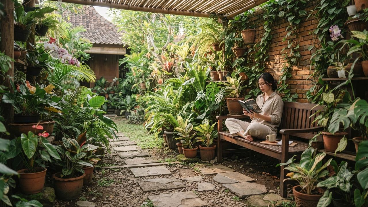 Ide taman yang tetap cantik meski tanpa rumput dan cocok untuk pemilik introvert model sudut duduk yang menyatu dengan tanaman