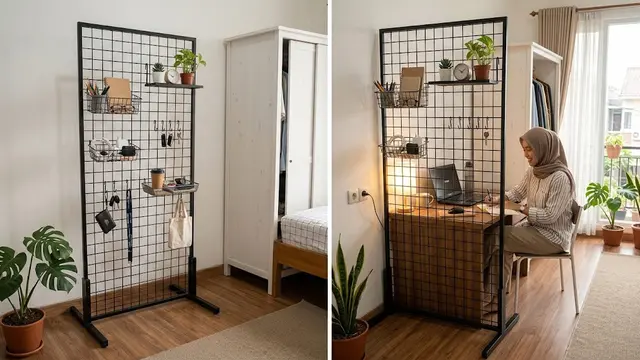 Ide rak gantung tanpa bor di kamar yang hemat ruang dan kokoh model kisi panel berdiri