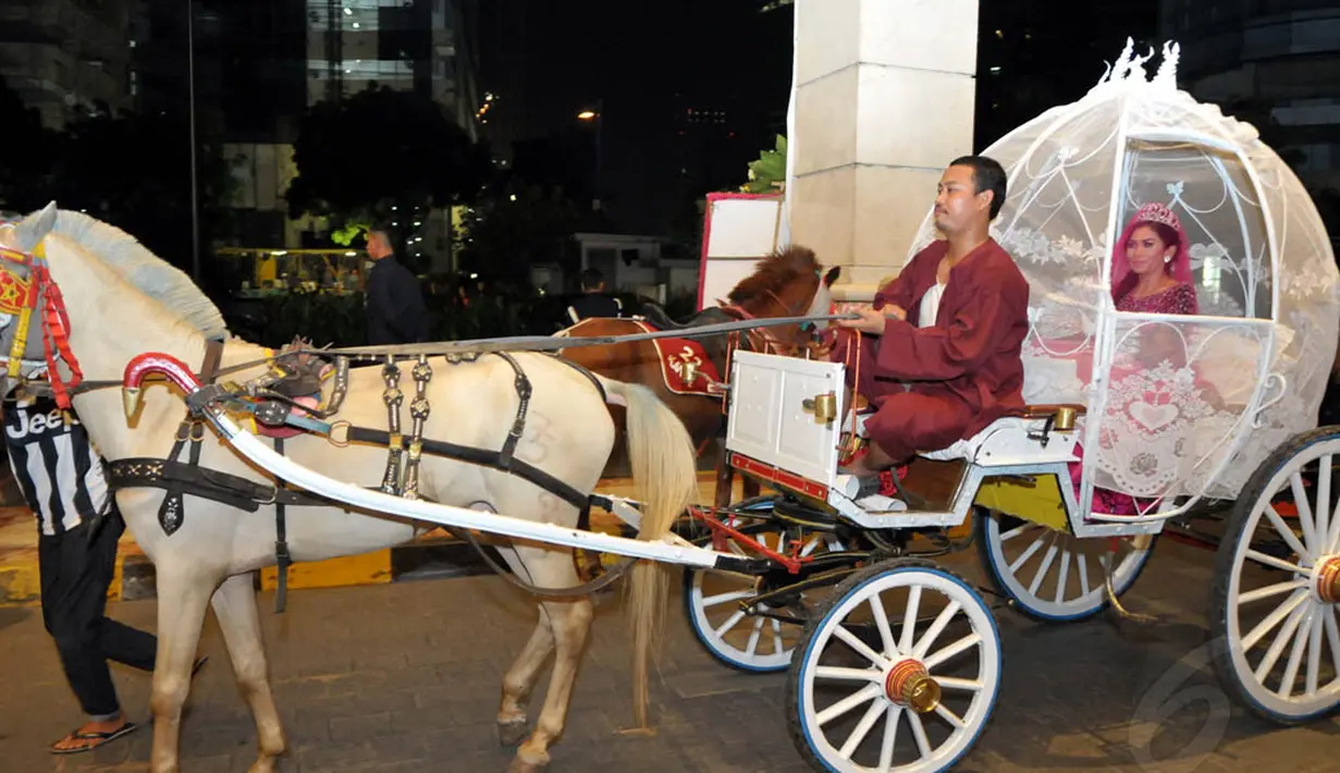 Cinta datang dengan menggunakan kereta kuda yang dihias seperti dalam kisah Barbie, Jakarta, Minggu (8/6/14). (Liputan6.com/Panji Diksana)