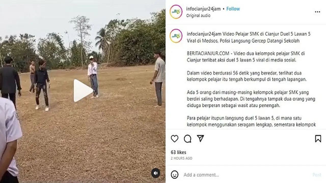 Viral video pelajar SMK terlibat duel 5 vs 5 di Cianjur, Jawa Barat. (Instagram @infocianjur24jam)