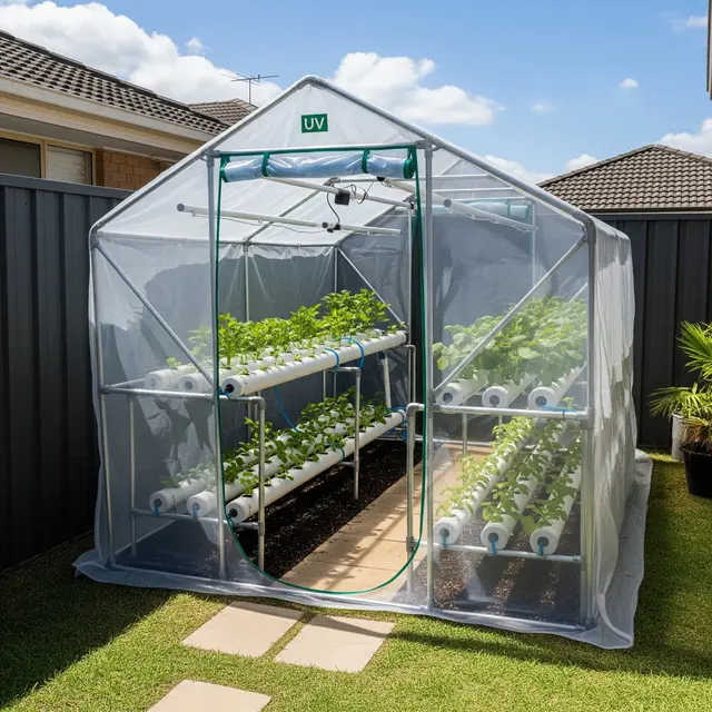 Model Halaman Belakang Rumah Kecil dengan Kebun Hidroponik Modern (Image by Gemini AI)