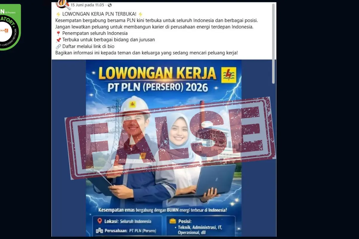 Tangkapan layar Cek Fakta Liputan6.com menelusuri klaim pendaftaran lowongan kerja PLN lewat WhatsApp.