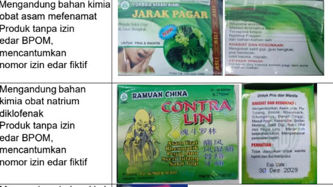 BPOM temukan obat bahan alam (OBA) atau obat herbal dan suplemen kesehatan tak berizin yang dicampur dengan bahan kimia obat (BKO) hasil pengawasan selama Mei 2025. (Tangkapan Layar BPOM)