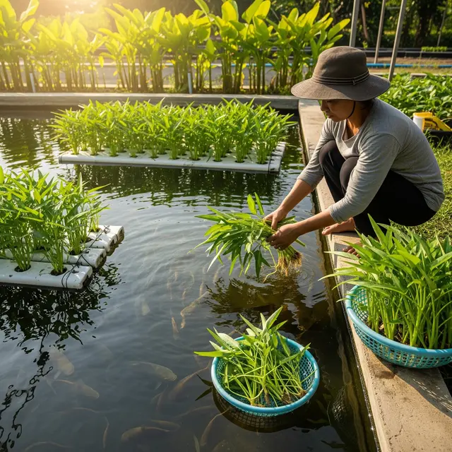Menanam Kangkung Menggunakan Air Kolam Ikan (AI Generated)