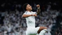 Selebrasi Rodrygo dalam laga Liga Champions antara Real Madrid vs Atletico Madrid, Rabu (5/3/2025). (c) AP Photo/Manu Fernandez