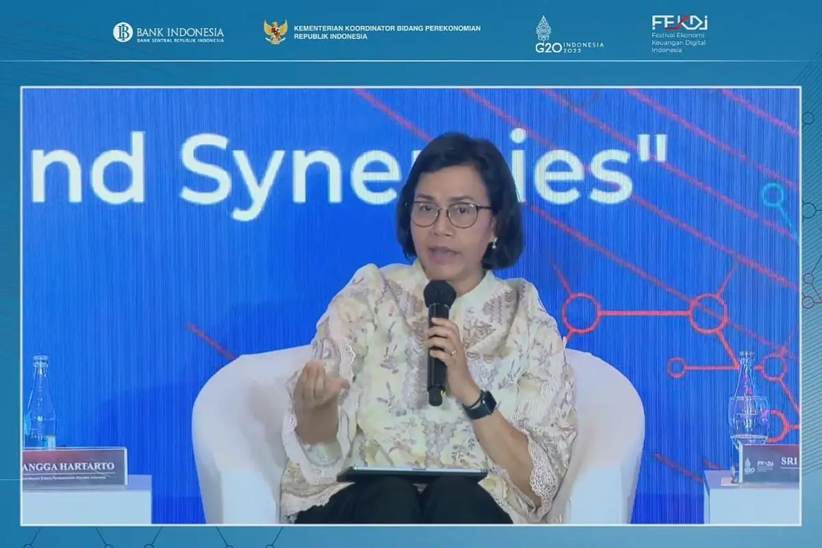 Menteri Keuangan Sri Mulyani Indrawati dalam Leader’s Talk Festival Ekonomi dan Keuangan Digital Indonesia (FEKDI), Nusa Dua, Bali, Senin (11/7/2022).