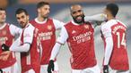 Striker Arsenal, Alexandre Lacazette melakukan selebrasi usai mencetak gol ketiga timnya ke gawang West Bromwich Albion dalam laga lanjutan Liga Inggris 2020/21 pekan ke-17 di Hawthorns Stadium, Sabtu (2/1/2021). Arsenal menang 4-0 atas West Bromwich Albion. (AFP/Michael Regan/Pool)