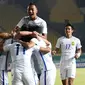 Pemain Malaysia melakukan seleberasi usai mencetak gol ke gawang Korea Selatan pada laga Asian Games di Stadion Jalak Harupat, Kabupaten Bandung, Jawa Barat, Kamis (16/8). INASGOC/Bukbis Candra Ismet Bey/Sup/18