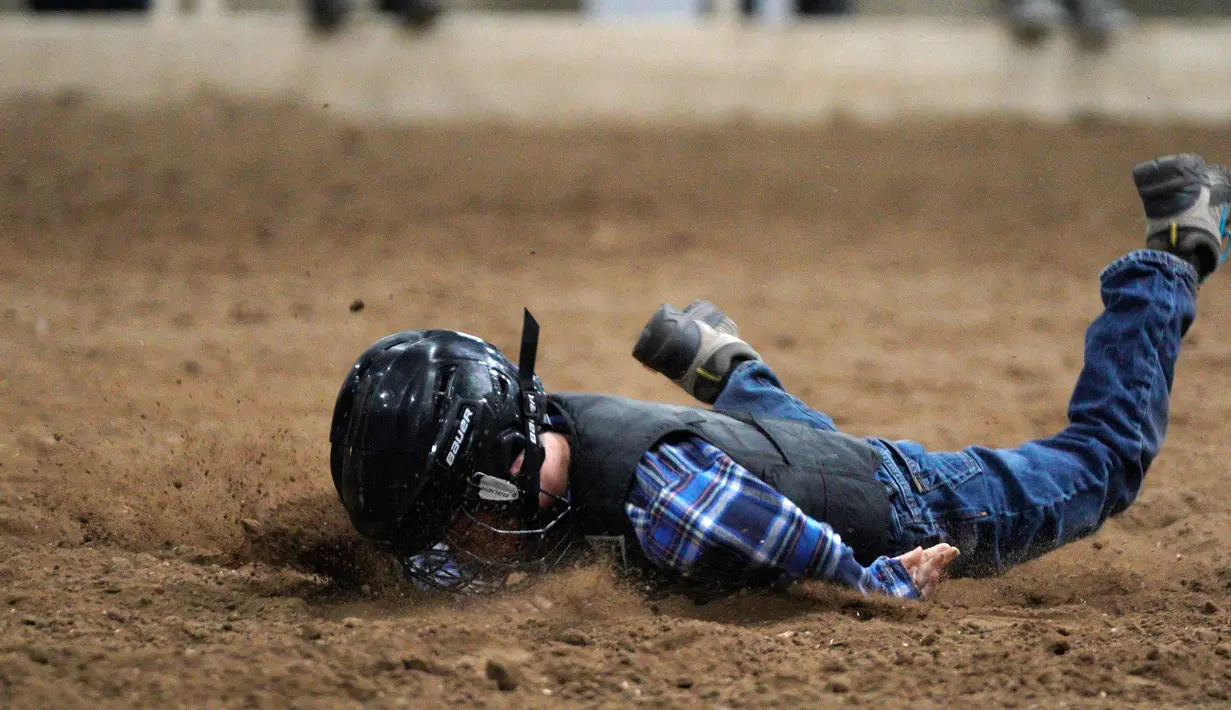 Seorang anak terjatuh saat menunggangi domba selama acara "Mutton Bustin '" di National Western Stock Show di Denver, Colorado, (16/1). Mutton bustin adalah acara yang diadakan di rodeo yang mirip dengan menunggangi banteng. (AFP/Photo/Rick T. Wilking)