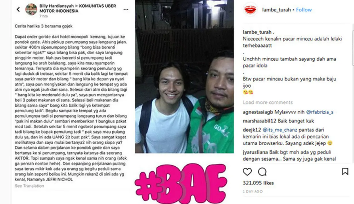 Terlihat sebuah foto dan tulisan panjang dari seorang pengemudi ojek online yang menceritakan proses Jefri memberikan bantuan tersebut. Cukup jelas kronologi yang diceritakan di dalamnya. (Instagram/lambe_turah)
