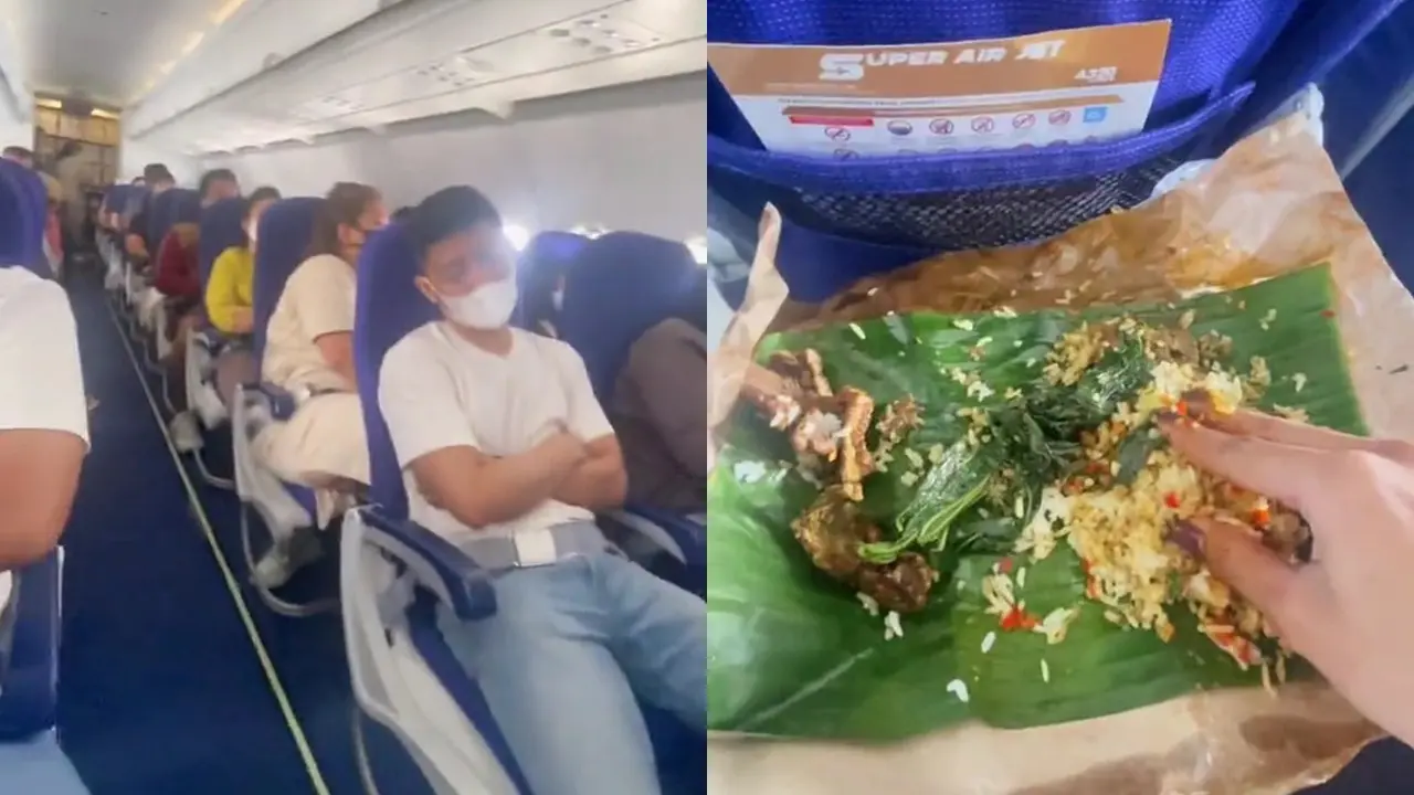 Viral Wanita Makan Nasi Padang di Pesawat
