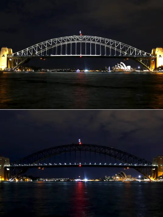 Di sebelah selatan benua Asia, tepatnya di Sydney Australia di Opera House Sydney dan Sydney Harbour Bridge juga memperingati Earth Hour (19/3/2016). Foto kombinasi sebelum dan setelah dipadamkan lampu saat Earth Hour  (Reuters/David Gray)