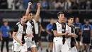 Pemain Juventus berselebrasi setelah mengalahkan Inter Milan dalam laga International Champions Cup 2019 di Nanjing Olympic Sports Center Gymnasium, China (24/7/2019). Juventus menang adu penalti atas Inter Milan 4-2 (1-1). (Li Bo/Xinhua via AP)