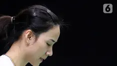 Pebulutangkis tunggal putri Thailand, Nitchaon Jindapol saat melawan Carolina Marin (Spanyol) pada babak pertama Indonesia Masters 2020 di Istora GBK, Jakarta, Rabu (15/1/2020). Nitchaon Jindapol kalah 13-21, 15-21. (Liputan6.com/Helmi Fithriansyah)