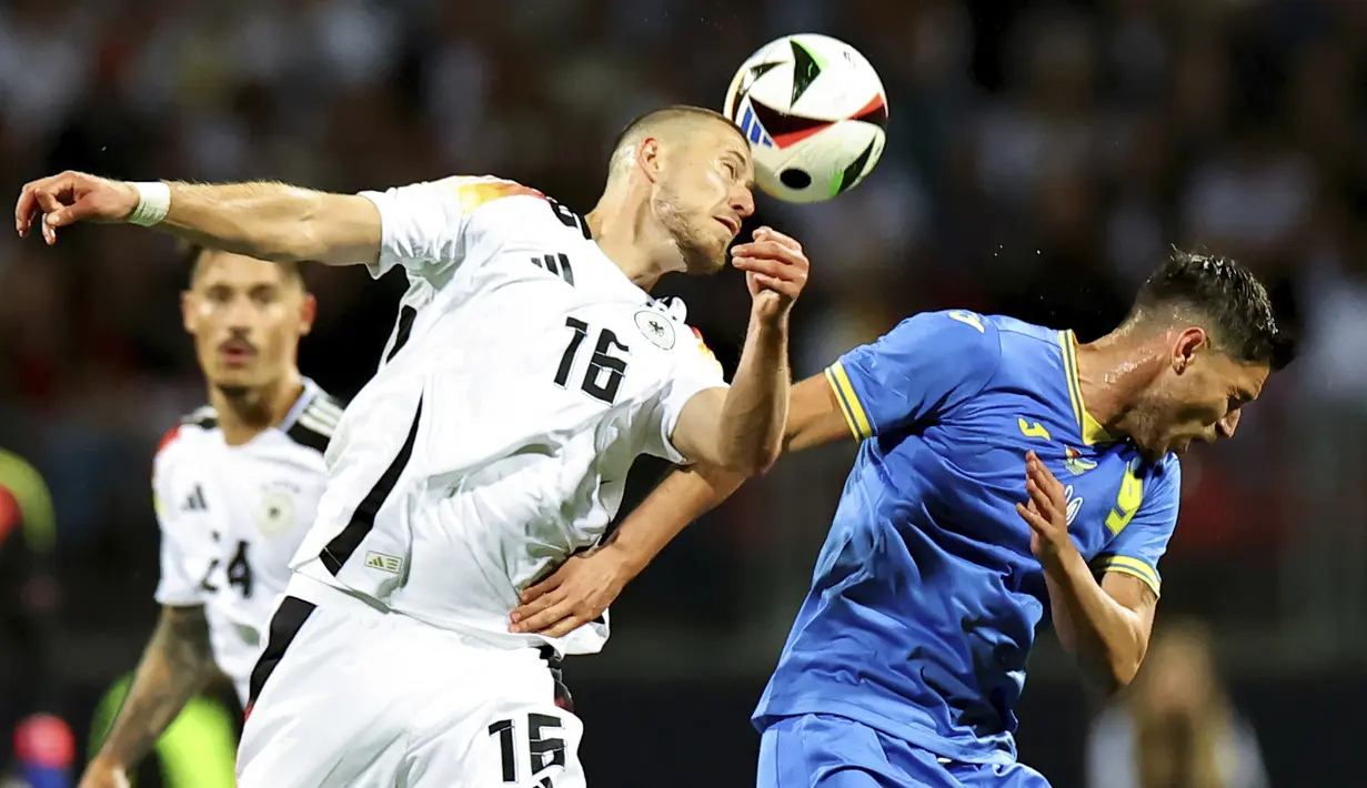 Pada duel ini timnas Jerman ditahan imbang Timnas Ukraina tanpa gol. (Daniel Karmann/dpa via AP)