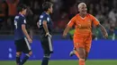 Ekspresi Shanice Van De Sanden penyerang Belanda (kanan) merayakan kemenangan timnya atas Jepang dengan skor 2-1 pada 16 besar Piala Dunia Wanita 2019. ( AFP/Loic Venance  )