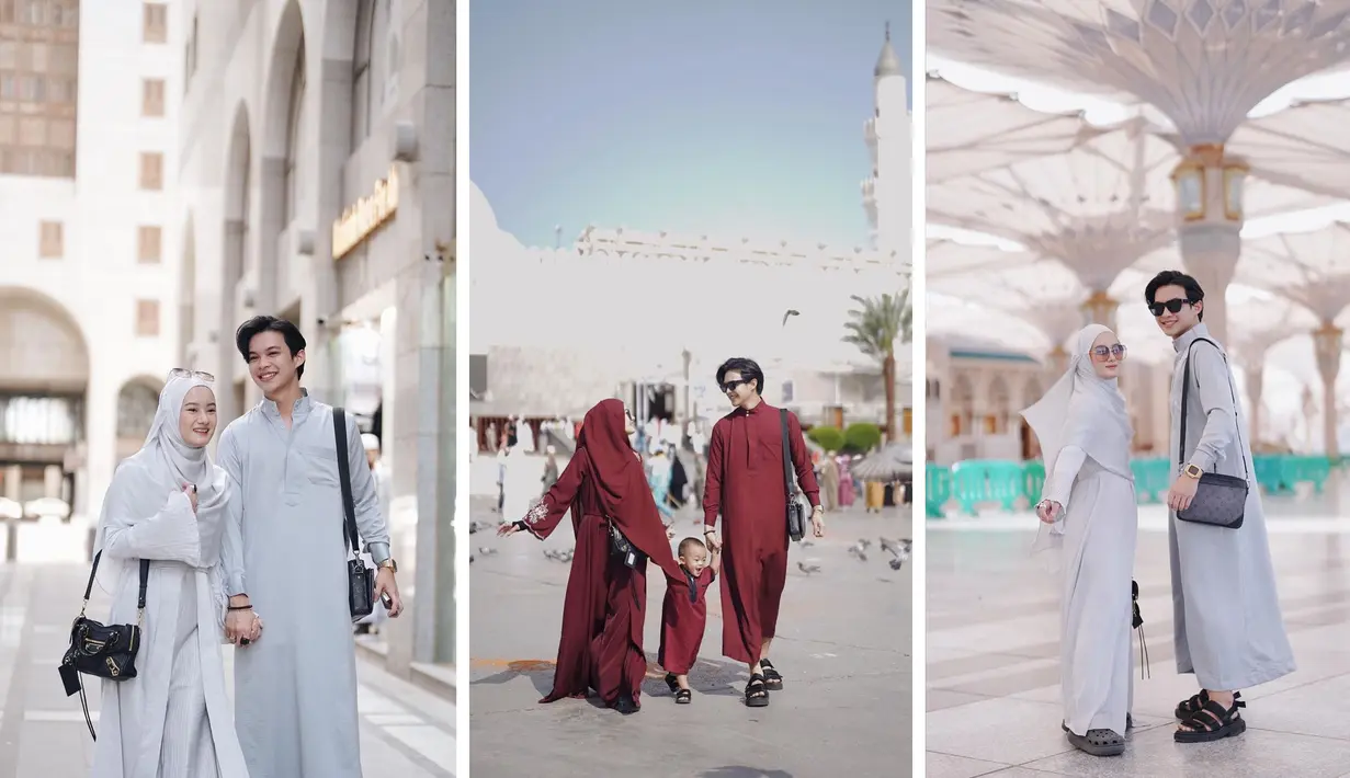 Foto kombinasi Dinda Hauw  dan Rey Mbayang saat melaksanakan umrah bersama sang anak, Shaka. (instagram.com/dindahw)