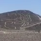 Gambar kucing raksasa di lereng gurun Nazca, Peru. (Jhony Islas/AP)