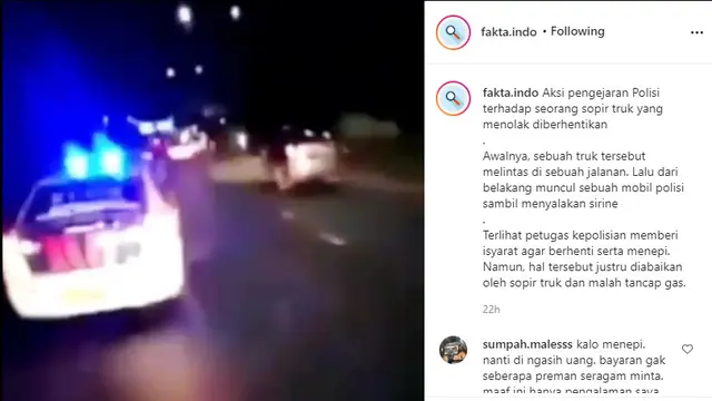 terlihat sebuah mobil polisi mendahuli sebuah truk dan memberikan isyarat kepada sopir untuk menepi dan menghentikan kendaraannya.
