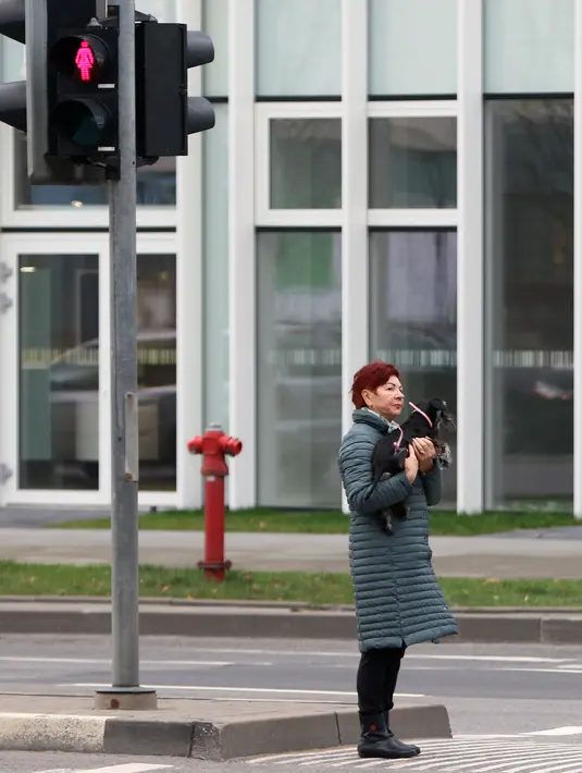 Seorang ibu menunggu di perempatan jalan untuk menyeberang dengan lampu lalu lintas khusus pejalan kaki yang menampilkan simbol wanita di Vilnius, Lituania, Jumat (2/11). (Petras Malukas/AFP)
