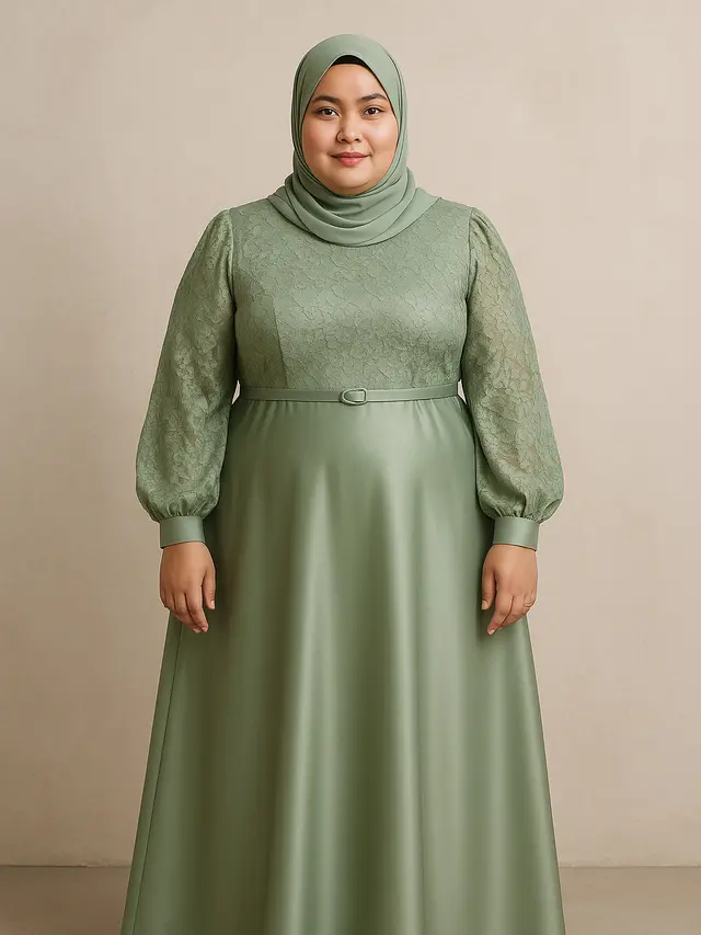 Model Gamis Satin Kombinasi Brokat untuk Orang Gemuk (Foto: ChatGPT)