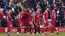 Pemain Liverpool merayakan gol yang dicetak oleh Federico Chiesa ke gawang Accrington Stanley pada laga lanjutan Piala FA 2024/2025 yang berlangsung di Anfield, Liverpool, Inggris, Sabtu (11/01/2025). (AP Photo/PA/Peter Byrne)