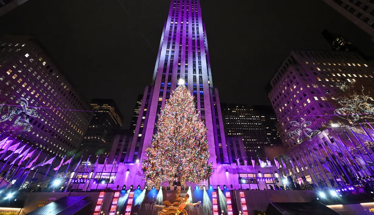 Pohon ikonik tahun ini adalah pohon cemara Norwegia setinggi 80 kaki dengan lebar 43 kaki dan berat 12 ton. (Diane Bondareff/AP Images for Tishman Speyer)